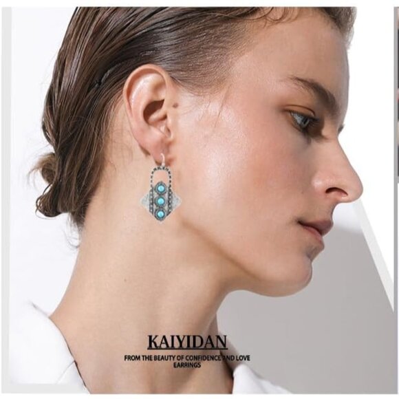 Turquoise Square Geometric Shaped Vintage Long Summer Earring for Women Jewelry - Picture 2 of 8
